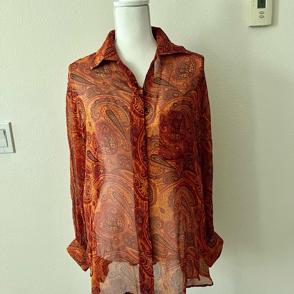 100% silk Paisley Sheer Button-Up Blouse